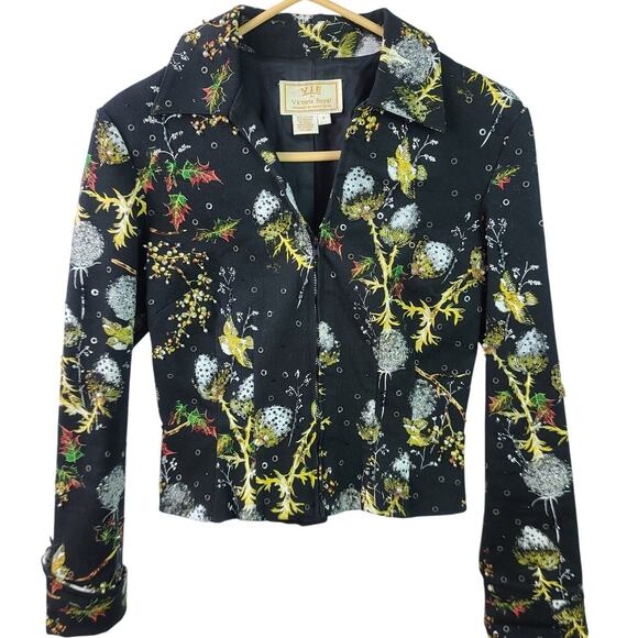 VIE Victoria Royal Black Yellow White Embellished Beads Birds Zip Up Jacket 4 S - Picture 1 of 3
